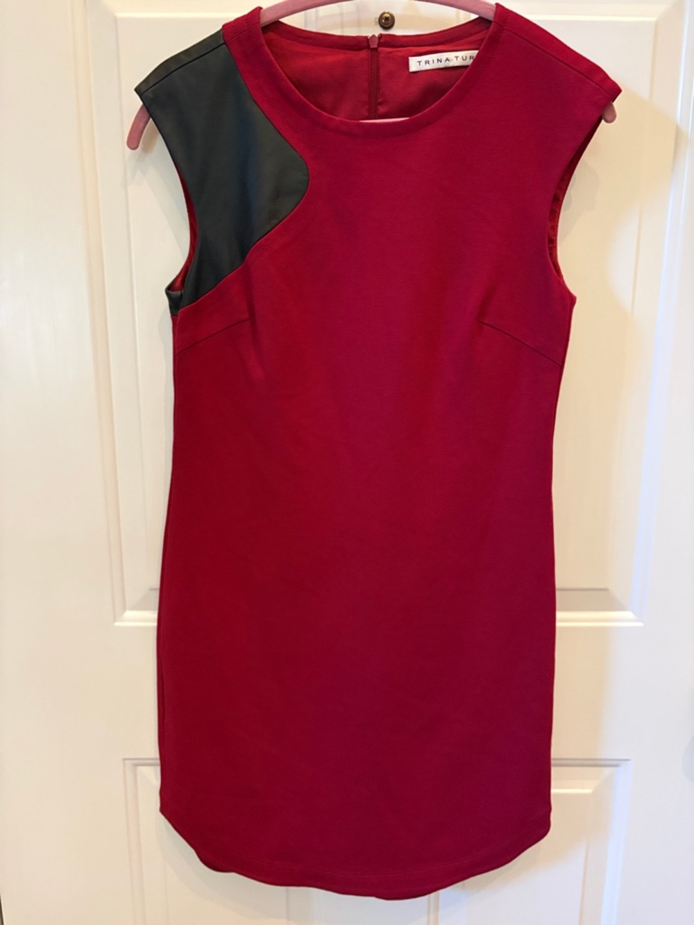 Trina Turk Burgundy Leather Shoulder Panel Shift Dress; Mini with Back Zip